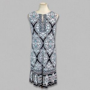 Sandra Darren Sleeveless Midi Dress Keyhole Neck Baroque Teal/Black/White M/LP